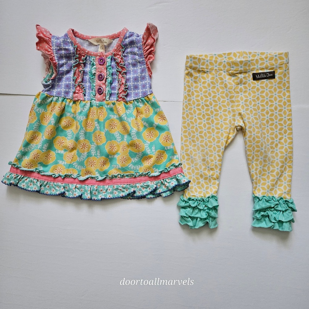 Matilda Jane Ruffled Dress & Pants Outfit Set 6-12Months Colorful Floral EUC